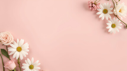 Fototapeta premium Beautiful arrangement of pink and white flowers on soft pink background, creating serene and elegant atmosphere