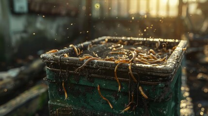 Unusual Close-up of Worms Crawling on a Green Trash Bin