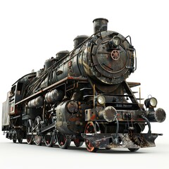 Obraz premium A vintage steam locomotive showcasing intricate details and weathered textures. isolated on white background