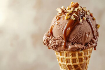 A shot of a chocolate ice cream scoop in a waffle cone, drizzled with caramel sauce and topped with crushed hazelnuts.