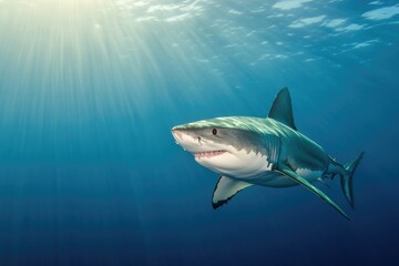 Fototapeta premium Majestic shark glides through clear blue waters, illuminated by
