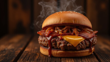 Juicy burger with bacon, cheese, and barbecue sauce, steaming on wooden table