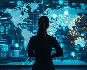 Woman viewing global data map