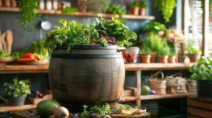 Fresh Vegetables in Wooden Barrel Surrounded by Lush Greenery