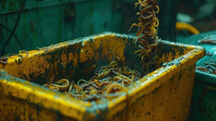 Freshly Caught Eels in Yellow Container at Seafood Market
