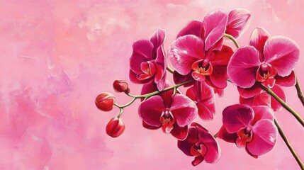 Vibrant fuchsia orchids against a rich pink background, creating an exotic floral setting.