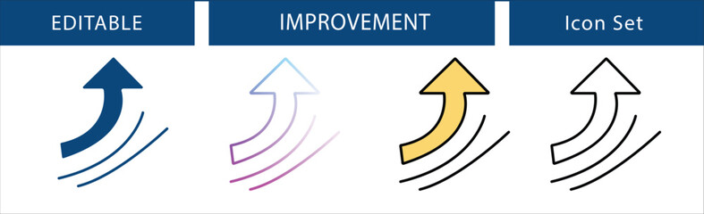 Editable improvement arrow icon set representing growth, progress, and success. Perfect for business, finance, and development projects. Vector illustration in multiple styles.
