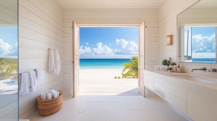 Fototapeta premium A serene bathroom with a floating vanity, white walls,