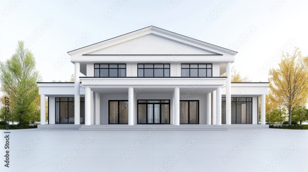 Wall mural Modern Architectural Design of a Large White House with Columns and Large Windows on a Clear Day