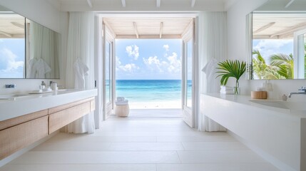 Fototapeta premium A serene bathroom with a floating vanity, white walls,