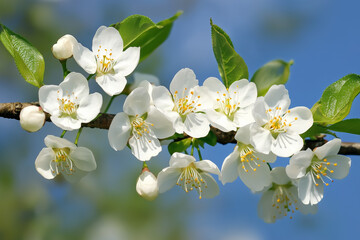 Obraz premium Blooming cherry blossom on tree branches, spring season concept close up detail background.