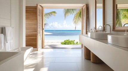 A serene bathroom with a floating vanity, white walls,