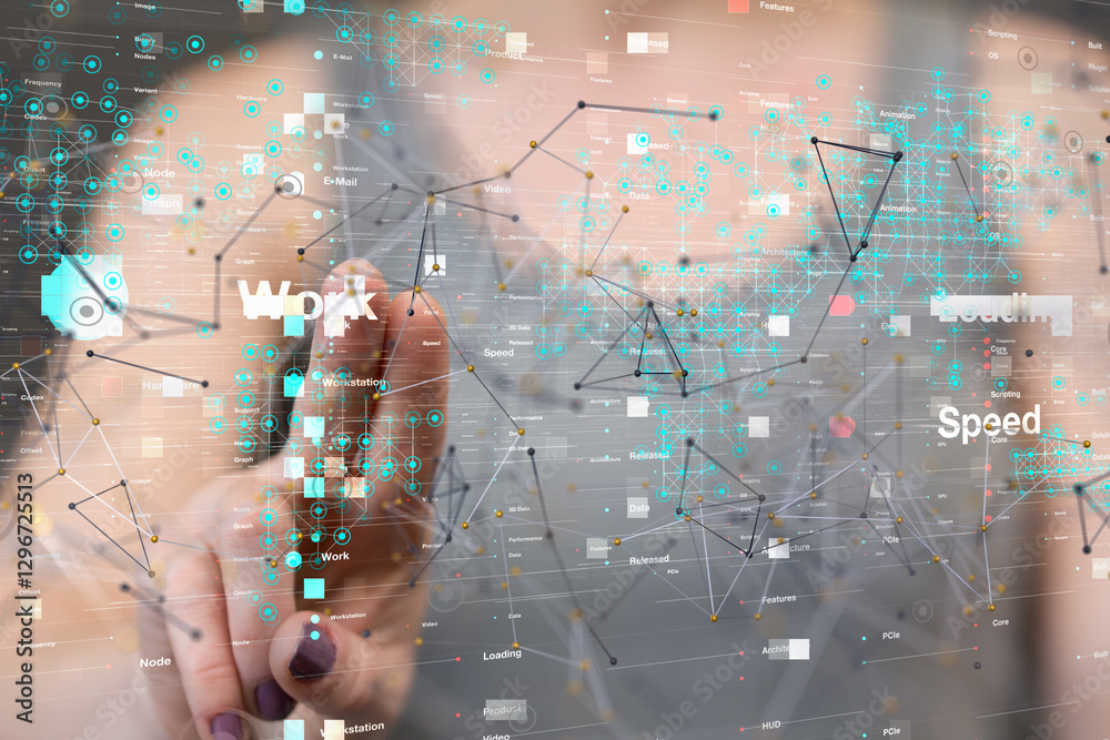 Poster Neural network 3D illustration. Big data and cybersecurity - neural network exposure digital