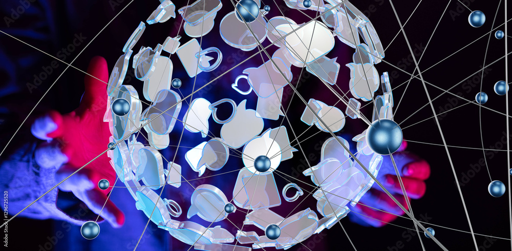 Poster Global network. Blockchain. 3D illustration. Neural networks and artificial intelligence. Abstract