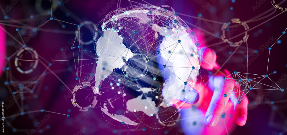 Aufkleber world Global network. Blockchain. 3D illustration. Neural networks and artificial intelligence. Abstract