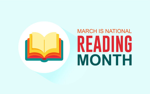 March is National Reading Month background with colorful book vector design template. Holiday concept. Best for background, banner, card, poster and social media design template with text inscription.