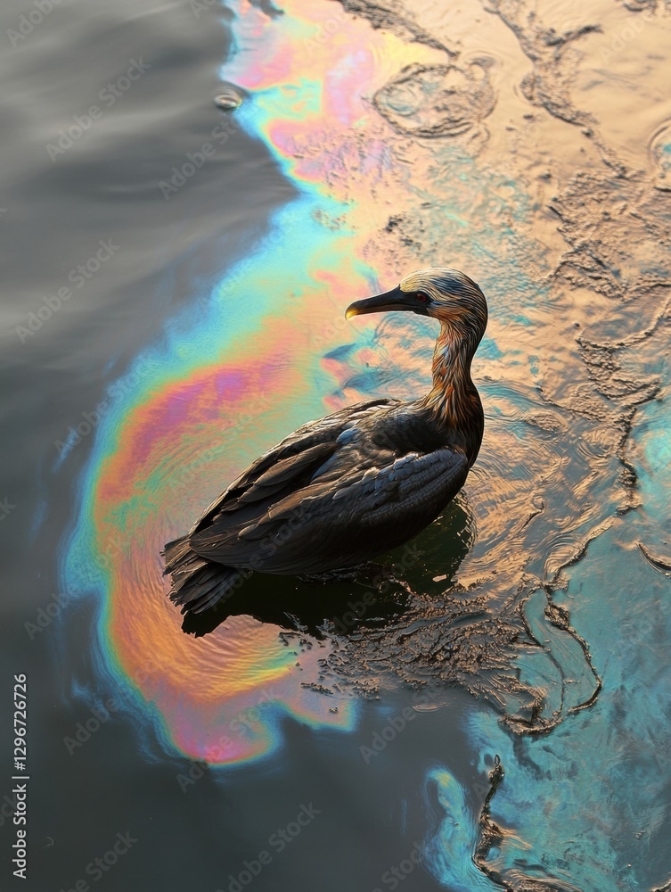 Poster Seabird struggles in oil spill featuring rainbow sheen on the ocean surface during twilight hours. Generative AI