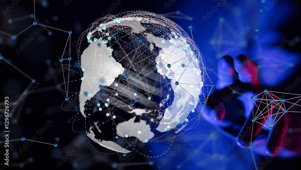 Aufkleber world Global network. Blockchain. 3D illustration. Neural networks and artificial intelligence. Abstract
