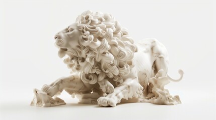 Fototapeta premium A marble lion figurine with a majestic stance and detailed mane, displayed against a pure white background. The high-resolution image captures the stone texture and powerful presence.