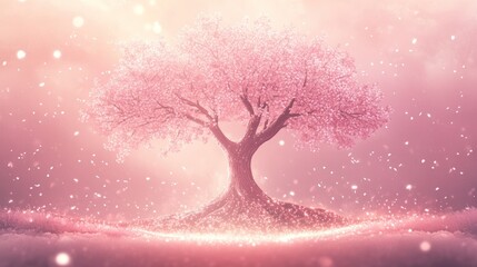Magical pink cherry blossom tree, glowing, ethereal, peaceful background, ideal for fantasy, spirituality