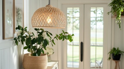 A cheerful entryway with a statement pendant light made of woven rattan, adding a natural touch