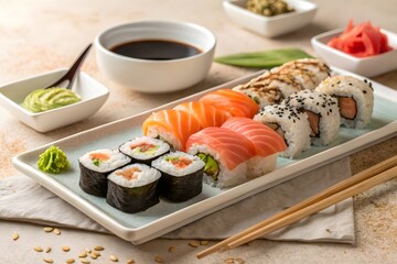 A close-up, appetizing image of assorted sushi and rolls arranged on a rectangular plate, with small bowls of soy sauce and wasabi, and chopsticks, on a textured, light brown background