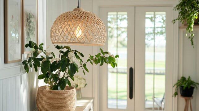 A cheerful entryway with a statement pendant light made of woven rattan, adding a natural touch