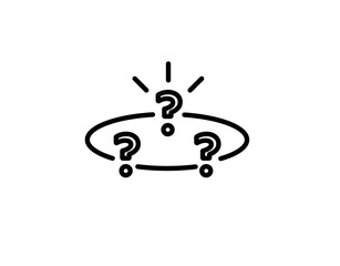 Three black question marks form a circular pattern, with lines above the top mark highlighting focus, curiosity, or uncertainty