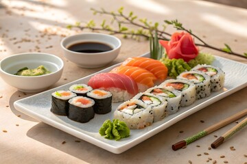 A close-up, appetizing image of assorted sushi and rolls arranged on a rectangular plate, with small bowls of soy sauce and wasabi, and chopsticks, on a textured, light brown background