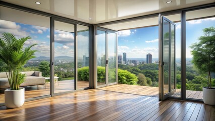 Modern Aluminum Folding Door Leads to Nature Terrance with City View, interior design