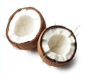 Fresh Cut Coconut Halves with Soft White Flesh and Brown Shell