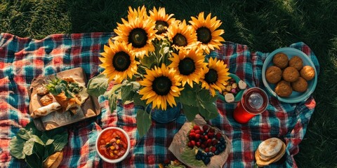 Fototapeta premium A cheerful flat lay of a vase filled with sunflowers, set on a picnic blanket with snacks and drinks