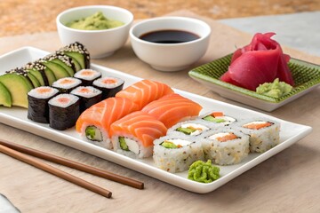 A close-up, appetizing image of assorted sushi and rolls arranged on a rectangular plate, with small bowls of soy sauce and wasabi, and chopsticks, on a textured, light brown background