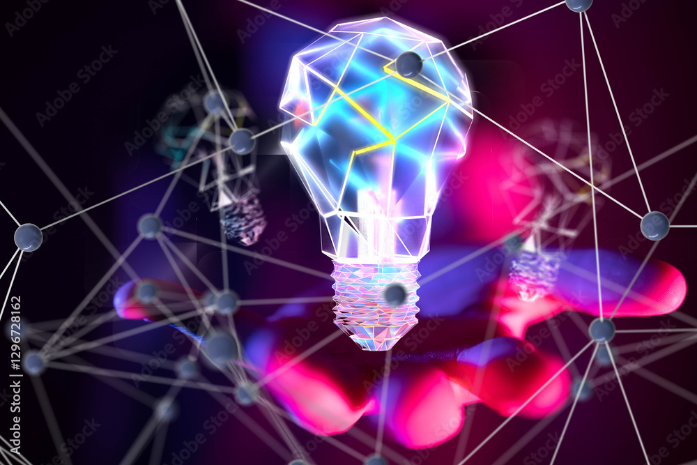 Poster Neural network 3D illustration. Big data and cybersecurity