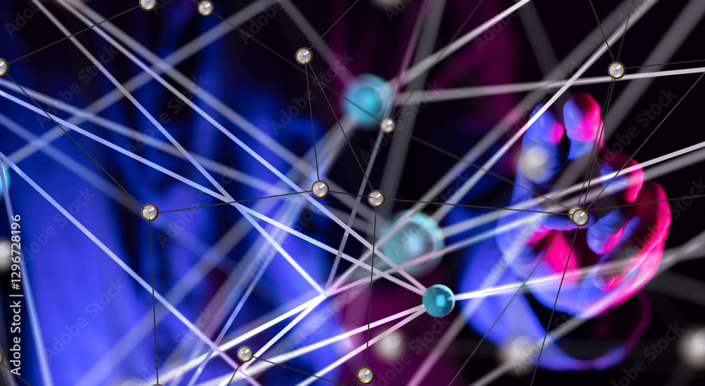 Poster Global network. Blockchain. 3D illustration. Neural networks and artificial intelligence. Abstract