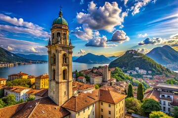 Panoramic View of Lugano Cathedral & Bell Tower, Switzerland