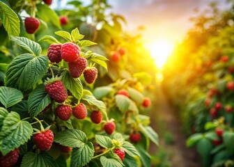 Obraz premium Panoramic View of Lush Raspberry Bushes Overflowing with Ripe Berries in a Sunny Garden
