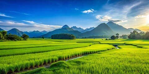 Obraz premium Panoramic View of Lush Green Rice Terraces in Asia Under a Clear Blue Sky