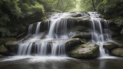 Obraz premium Serene Cascading Waterfall in Lush Green Forest Tranquil Nature Scene