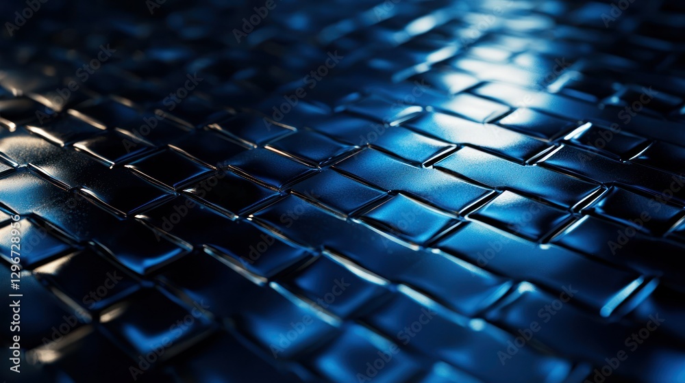 Poster a dark blue background with a metallic texture, reflecting light subtly.