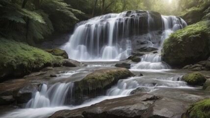 Fototapeta premium Serene Waterfall Cascading Through Lush Green Forest Tranquil Nature Scene