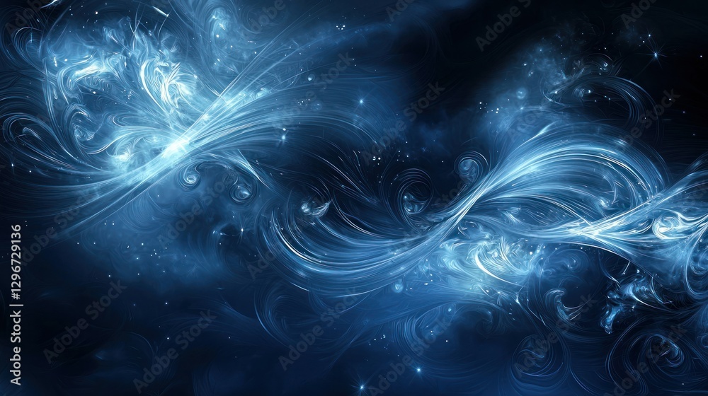 Poster A dark blue background with abstract wave patterns and glowing elements.