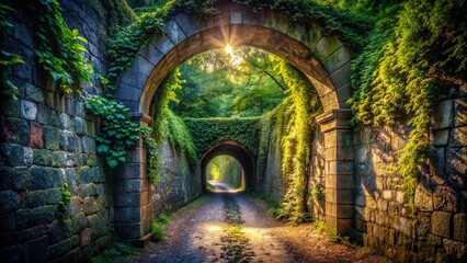 Obraz premium Panoramic View of Mysterious Tunnel Entrance, Dark Archway, Underground Passage