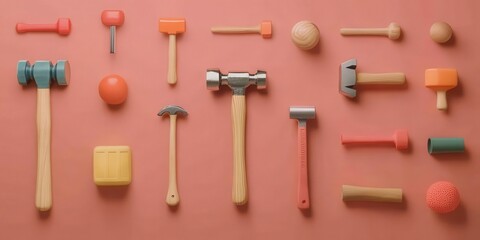 Obraz premium A cheerful flat lay of various hammers: claw, mallet, and ball-peen arranged in a neat grid