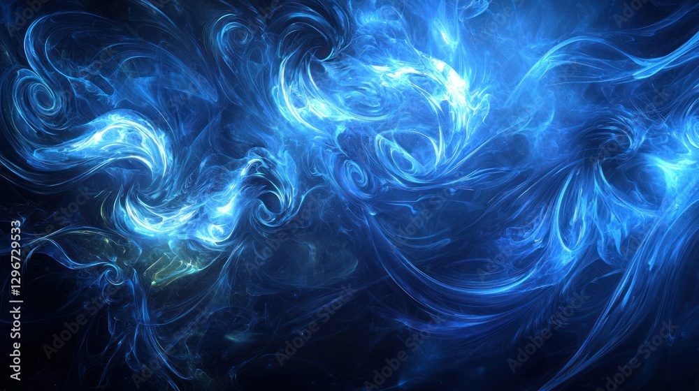 Poster A dark blue background with abstract wave patterns and glowing elements.