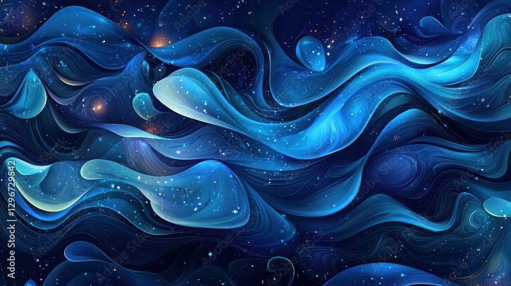 Poster A dark blue background with abstract wave patterns and glowing elements.