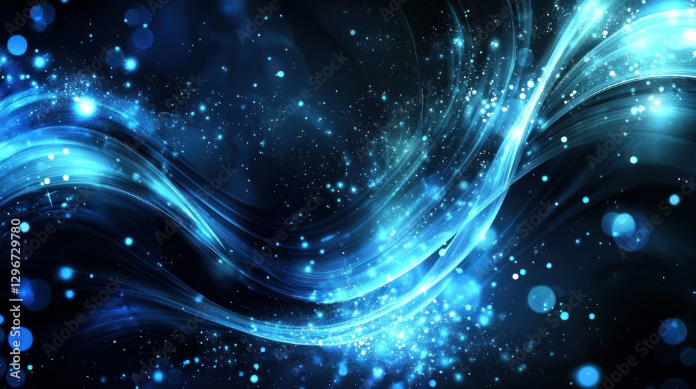 Poster A dark blue background with abstract wave patterns and glowing elements.