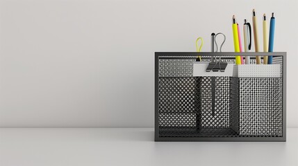 A mesh metal desk organizer with a built-in sticky note holder and pen compartments, showcased on a clean white background.
