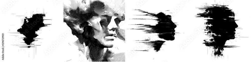 Poster hand drawn vector illustration of abstract faces with dynamic lines and forms highlighting emotion a