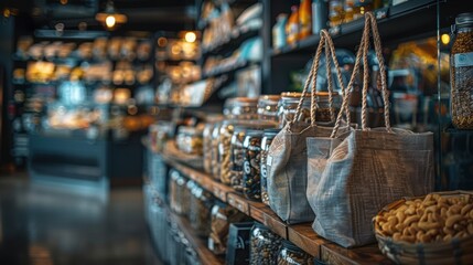 Rustic Grocery Store Aisle with Natural Products and Shopping Bags
